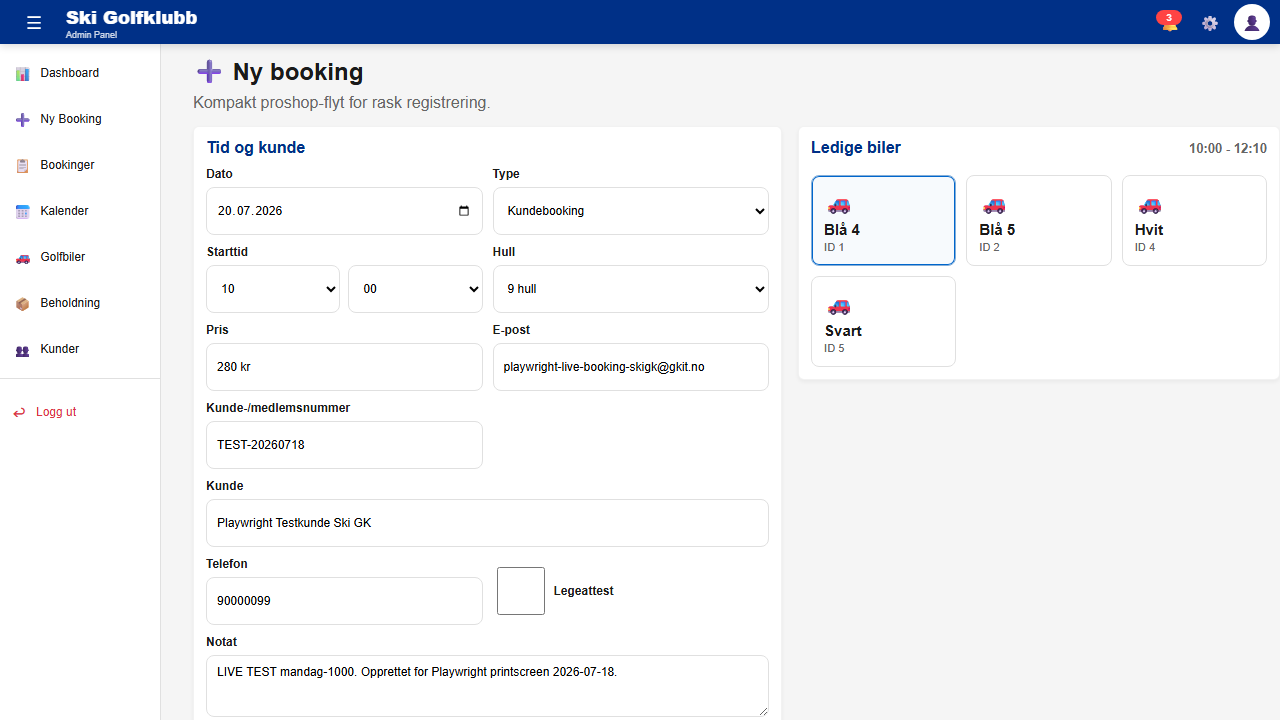 ProShop booking klar til innsending