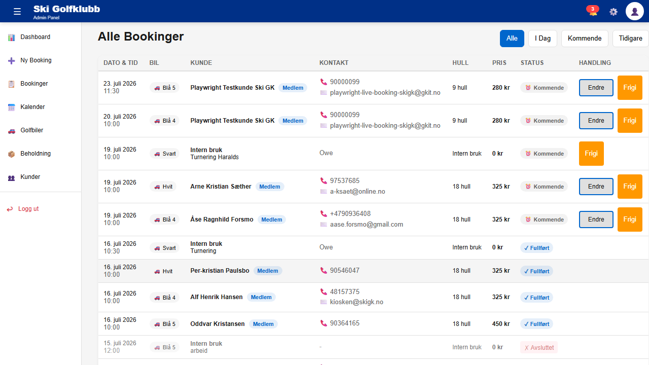 ProShop bookingliste etter opprettelse
